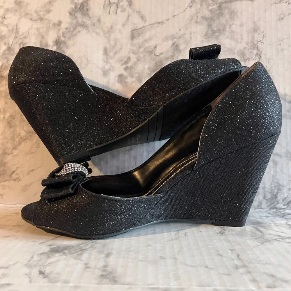 Nina Veleria Wedges Size 7 Black Glitterati‎ Rhinestone Detail Open Toe …
